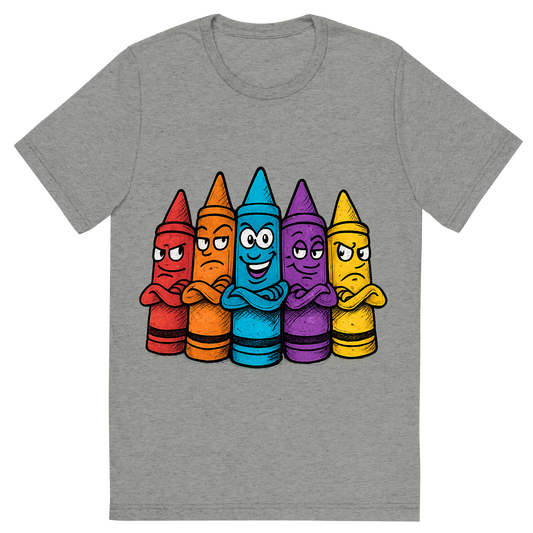 Front view of a Premium Tri-Blend Crew Neck T-Shirt in Athletic Grey showing 'A hand-drawn ink with pop color, cheeky graphic of a lineup of cartoon crayons with expressive faces and personalities, arms crossed like a gang, with the words “crayon crew” above in bright block lettering. transparent background, centered, dtg optimized, hand-drawn with vibrant colors.'