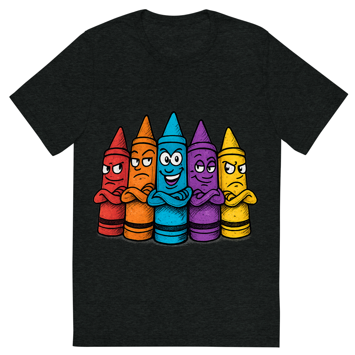 Front view of a Premium Tri-Blend Crew Neck T-Shirt in Charcoal-Black showing 'A hand-drawn ink with pop color, cheeky graphic of a lineup of cartoon crayons with expressive faces and personalities, arms crossed like a gang, with the words “crayon crew” above in bright block lettering. transparent background, centered, dtg optimized, hand-drawn with vibrant colors.'