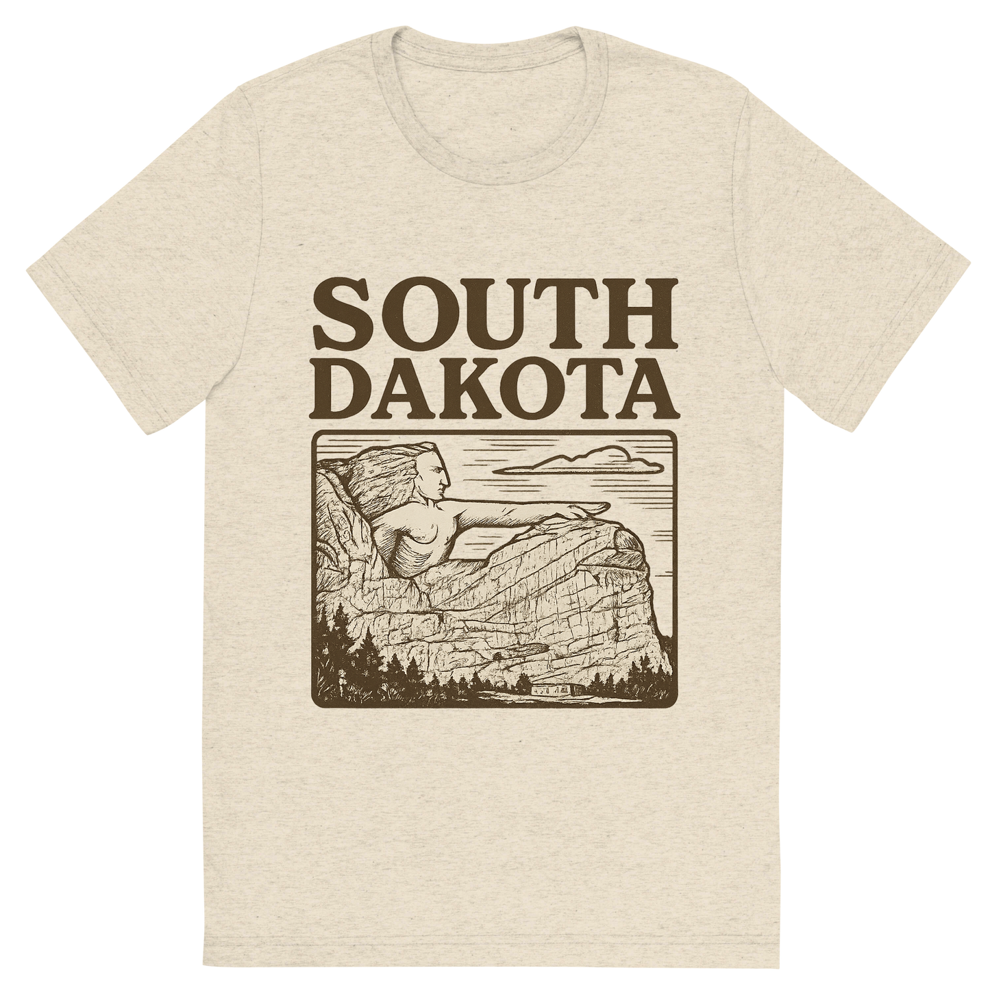 Front view of a Premium Tri-Blend Crew Neck T-Shirt in Oatmeal showing 'A typographic, nostalgic graphic of a typographic illustration of the words 'south dakota' with a vintage line art drawing of the crazy horse memorial'