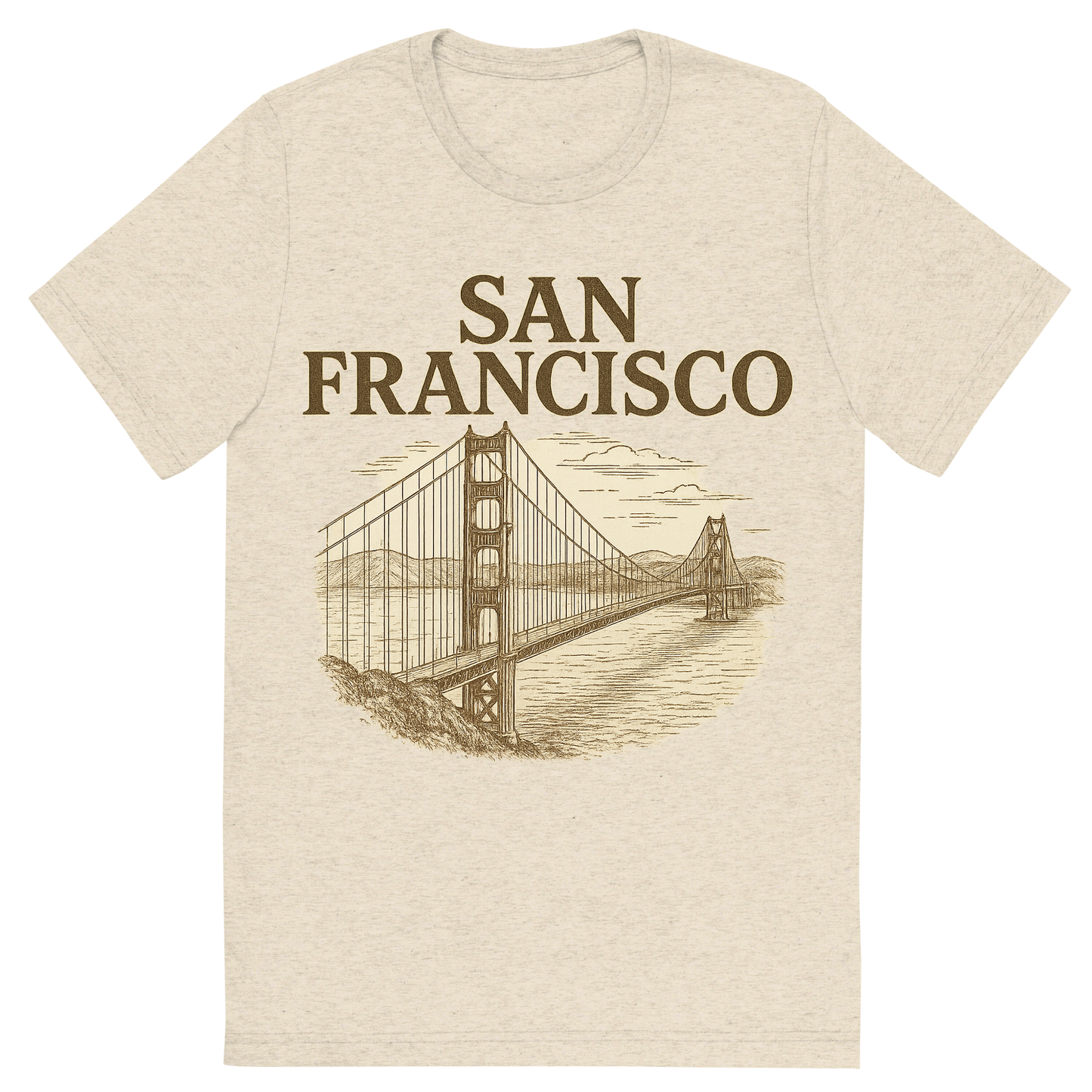 Front view of a Premium Tri-Blend Crew Neck T-Shirt in Oatmeal showing 'A typographic, nostalgic graphic of a typographic illustration of the words 'san francisco' with a vintage line art drawing of the golden gate bridge'