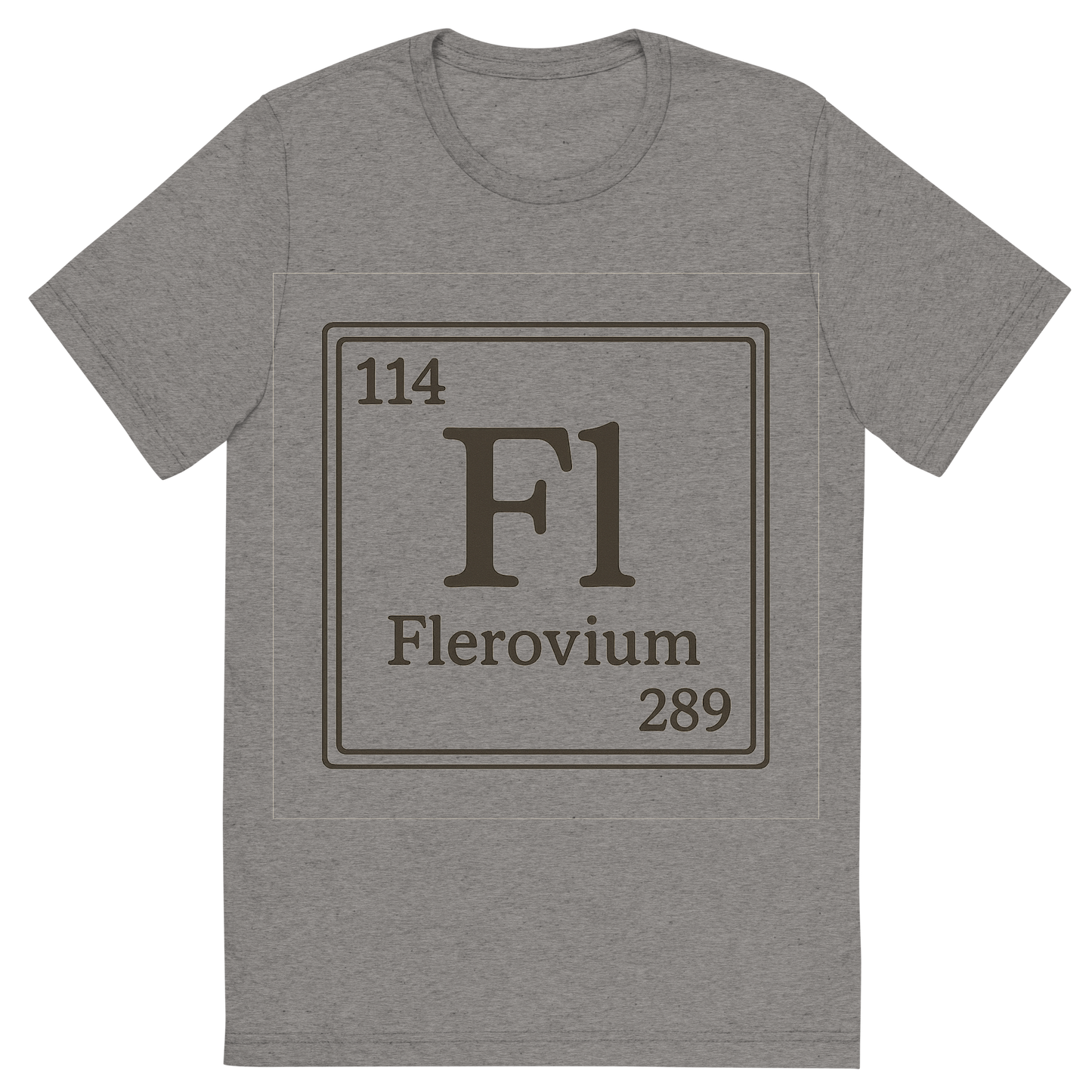 Front view of a Premium Tri-Blend Crew Neck T-Shirt in Grey showing 'A line art, nostalgic graphic of flerovium's entry on the periodic table, use a dark color for the lines and text'