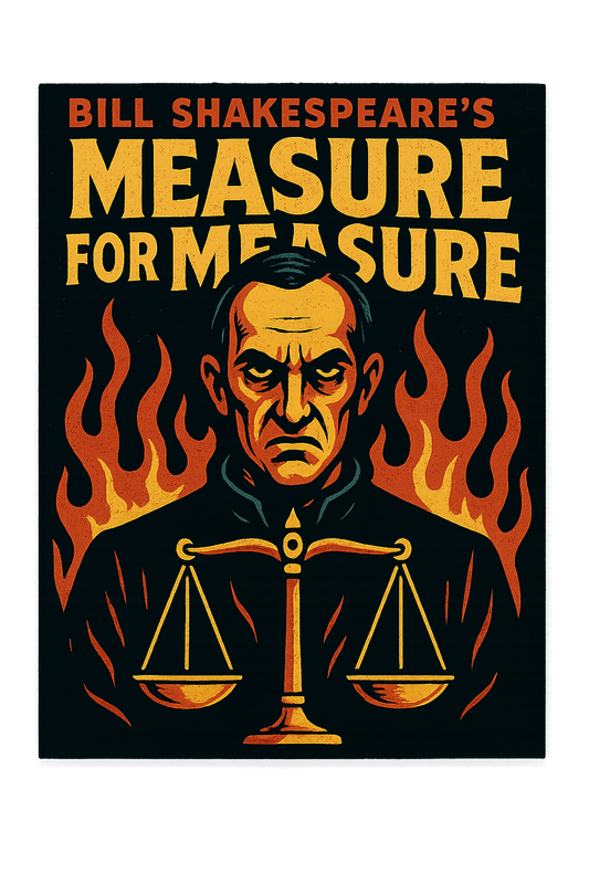 A retro, edgy graphic of a visual representation of a key theme and character from william shakespeare's measure for measure – a t-shirt design