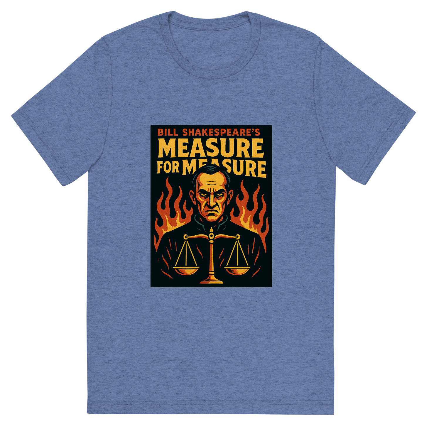 Front view of a Premium Tri-Blend Crew Neck T-Shirt in Blue showing 'A retro, edgy graphic of a visual representation of a key theme and character from william shakespeare's measure for measure'