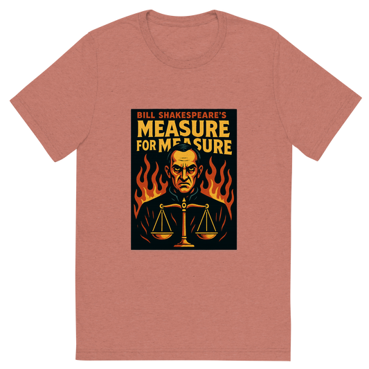 Front view of a Premium Tri-Blend Crew Neck T-Shirt in Mauve showing 'A retro, edgy graphic of a visual representation of a key theme and character from william shakespeare's measure for measure'
