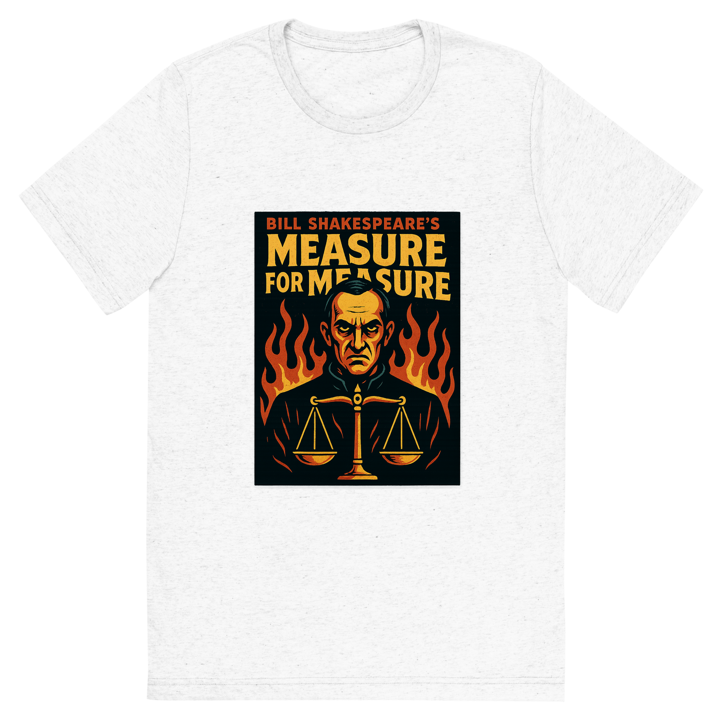 Front view of a Premium Tri-Blend Crew Neck T-Shirt in Solid White showing 'A retro, edgy graphic of a visual representation of a key theme and character from william shakespeare's measure for measure'