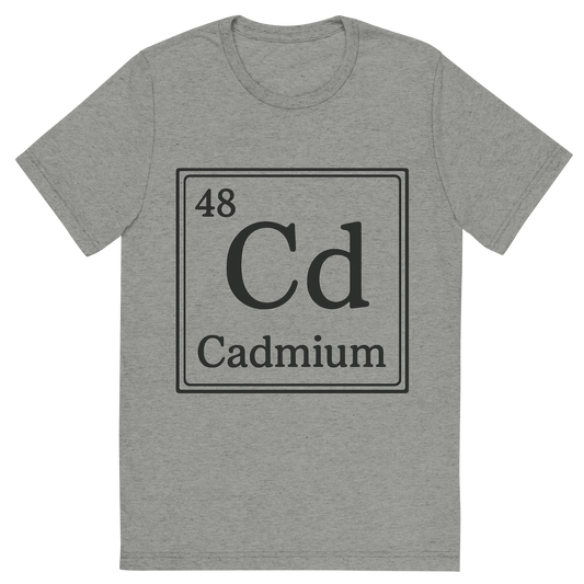 Front view of a Premium Tri-Blend Crew Neck T-Shirt in Athletic Grey showing 'A line art, nostalgic graphic of cadmium's entry on the periodic table, use a dark color for the lines and text'