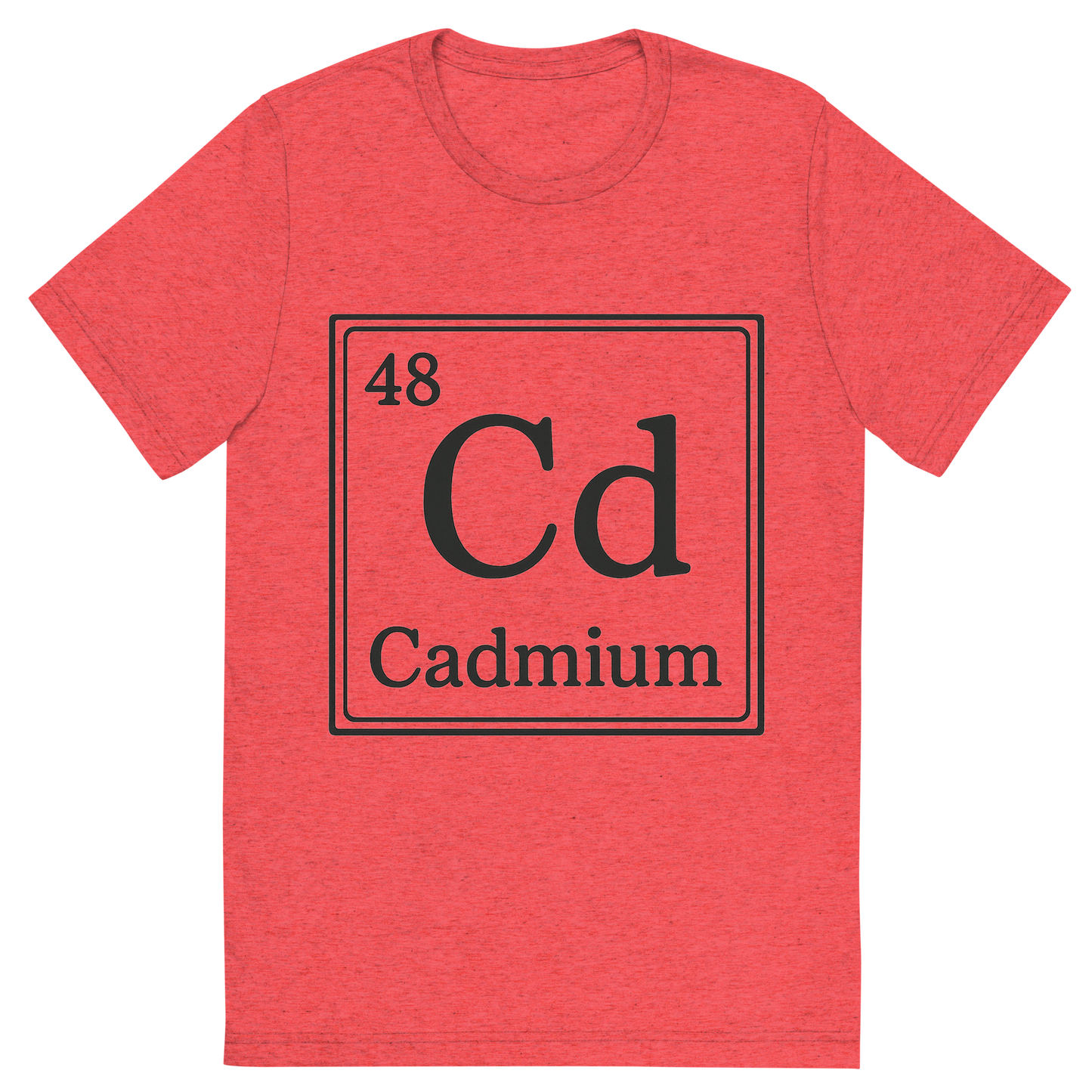 Front view of a Premium Tri-Blend Crew Neck T-Shirt in Red showing 'A line art, nostalgic graphic of cadmium's entry on the periodic table, use a dark color for the lines and text'