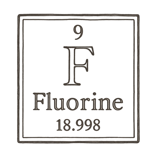 A line art, nostalgic graphic of fluorine's entry on the periodic table, use a dark color for the lines and text – a t-shirt design