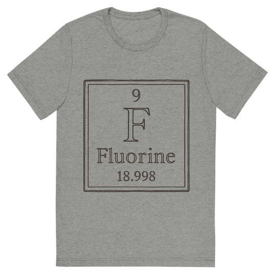 Front view of a Premium Tri-Blend Crew Neck T-Shirt in Athletic Grey showing 'A line art, nostalgic graphic of fluorine's entry on the periodic table, use a dark color for the lines and text'