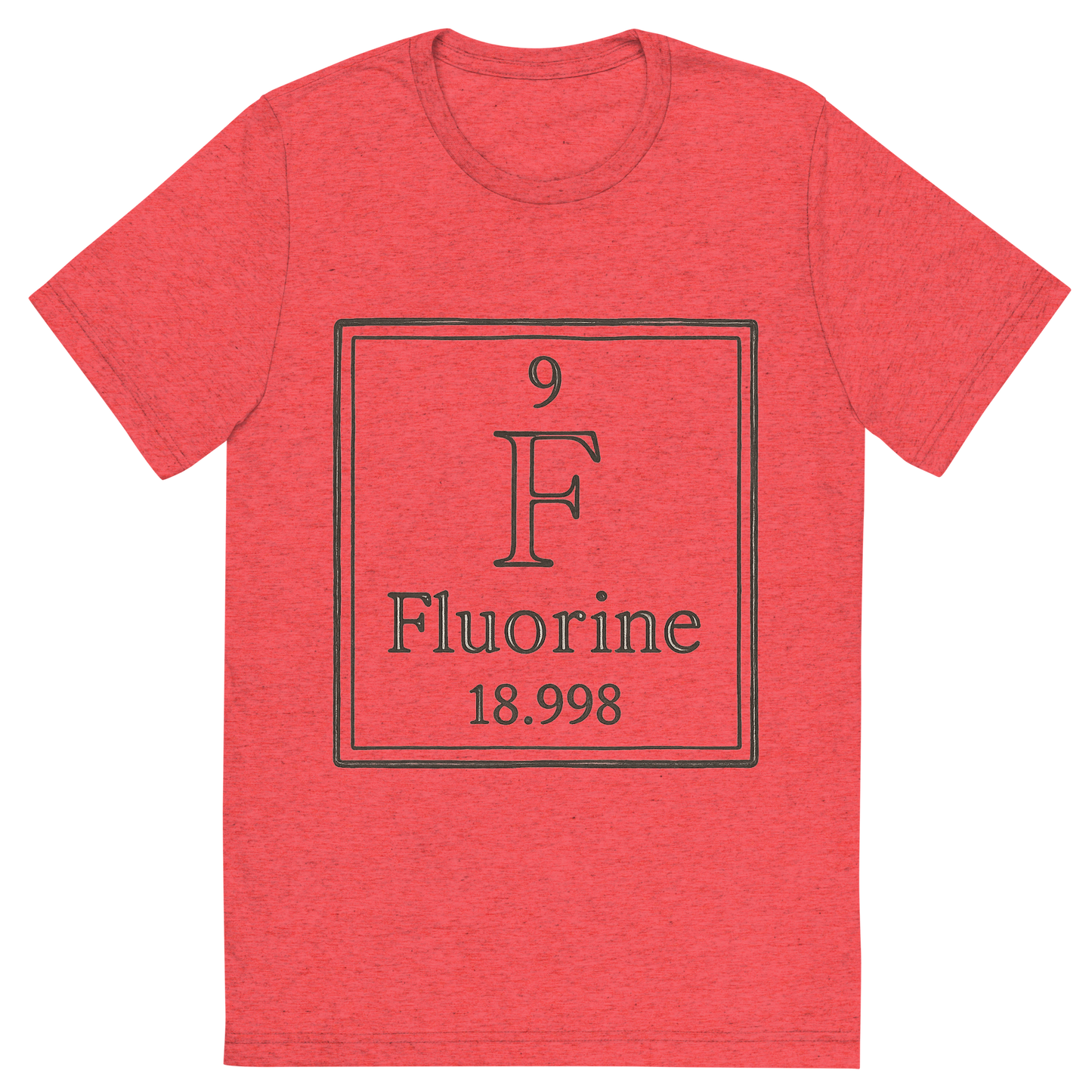 Front view of a Premium Tri-Blend Crew Neck T-Shirt in Red showing 'A line art, nostalgic graphic of fluorine's entry on the periodic table, use a dark color for the lines and text'