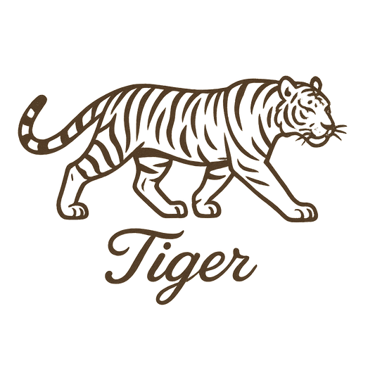 A flat, neutral graphic of a stylized sketch of a tiger mid-stride with distinctive stripes. “tiger” appears in graceful cursive below. clean linework on a white background. – a t-shirt design