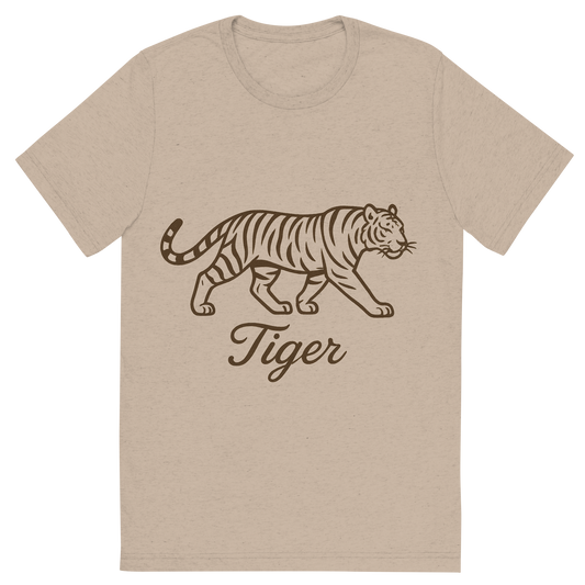 Front view of a Premium Tri-Blend Crew Neck T-Shirt in Tan showing 'A flat, neutral graphic of a stylized sketch of a tiger mid-stride with distinctive stripes. “tiger” appears in graceful cursive below. clean linework on a white background.'