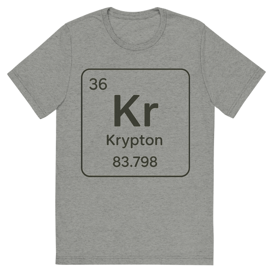 Front view of a Premium Tri-Blend Crew Neck T-Shirt in Athletic Grey showing 'A line art, nostalgic graphic of krypton's entry on the periodic table, use a dark color for the lines and text'