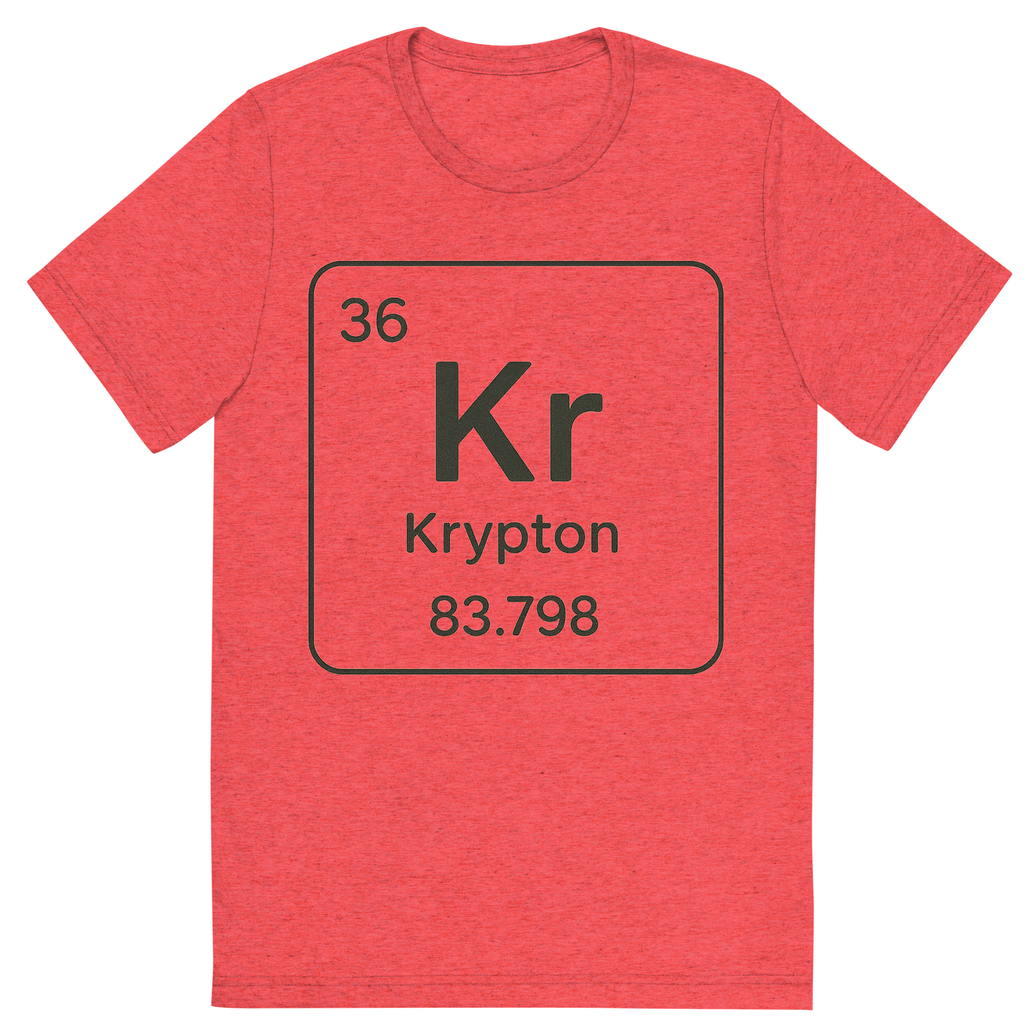 Front view of a Premium Tri-Blend Crew Neck T-Shirt in Red showing 'A line art, nostalgic graphic of krypton's entry on the periodic table, use a dark color for the lines and text'