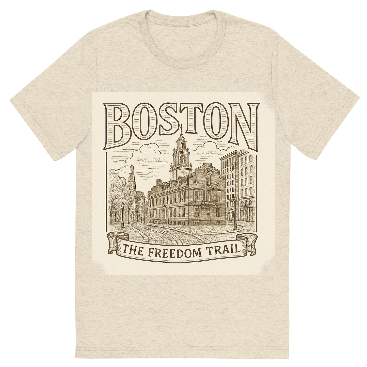 Front view of a Premium Tri-Blend Crew Neck T-Shirt in Oatmeal showing 'A typographic, nostalgic graphic of a typographic illustration of the words 'boston' with a vintage line art drawing of the freedom trail'