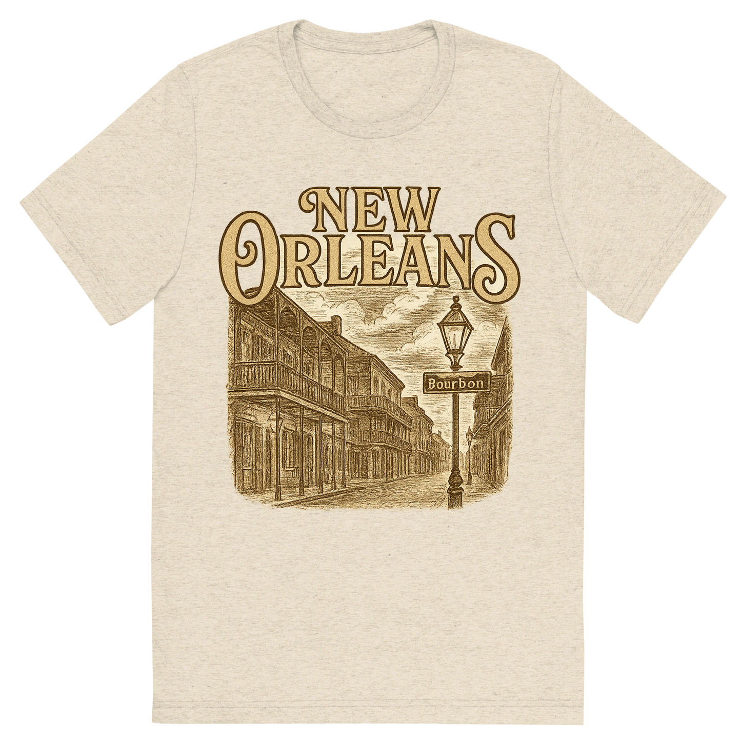 Front view of a Premium Tri-Blend Crew Neck T-Shirt in Oatmeal showing 'A typographic, nostalgic graphic of a typographic illustration of the words 'new orleans' with a vintage line art drawing of bourbon street'