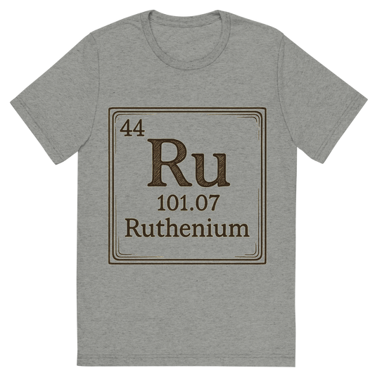 Front view of a Premium Tri-Blend Crew Neck T-Shirt in Athletic Grey showing 'A line art, nostalgic graphic of ruthenium's entry on the periodic table, use a dark color for the lines and text'