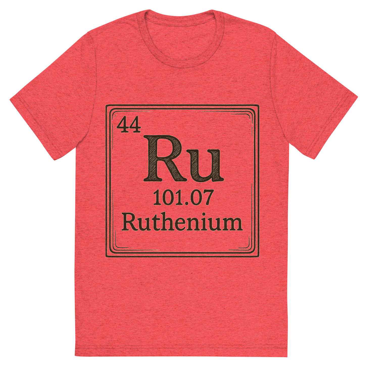 Front view of a Premium Tri-Blend Crew Neck T-Shirt in Red showing 'A line art, nostalgic graphic of ruthenium's entry on the periodic table, use a dark color for the lines and text'