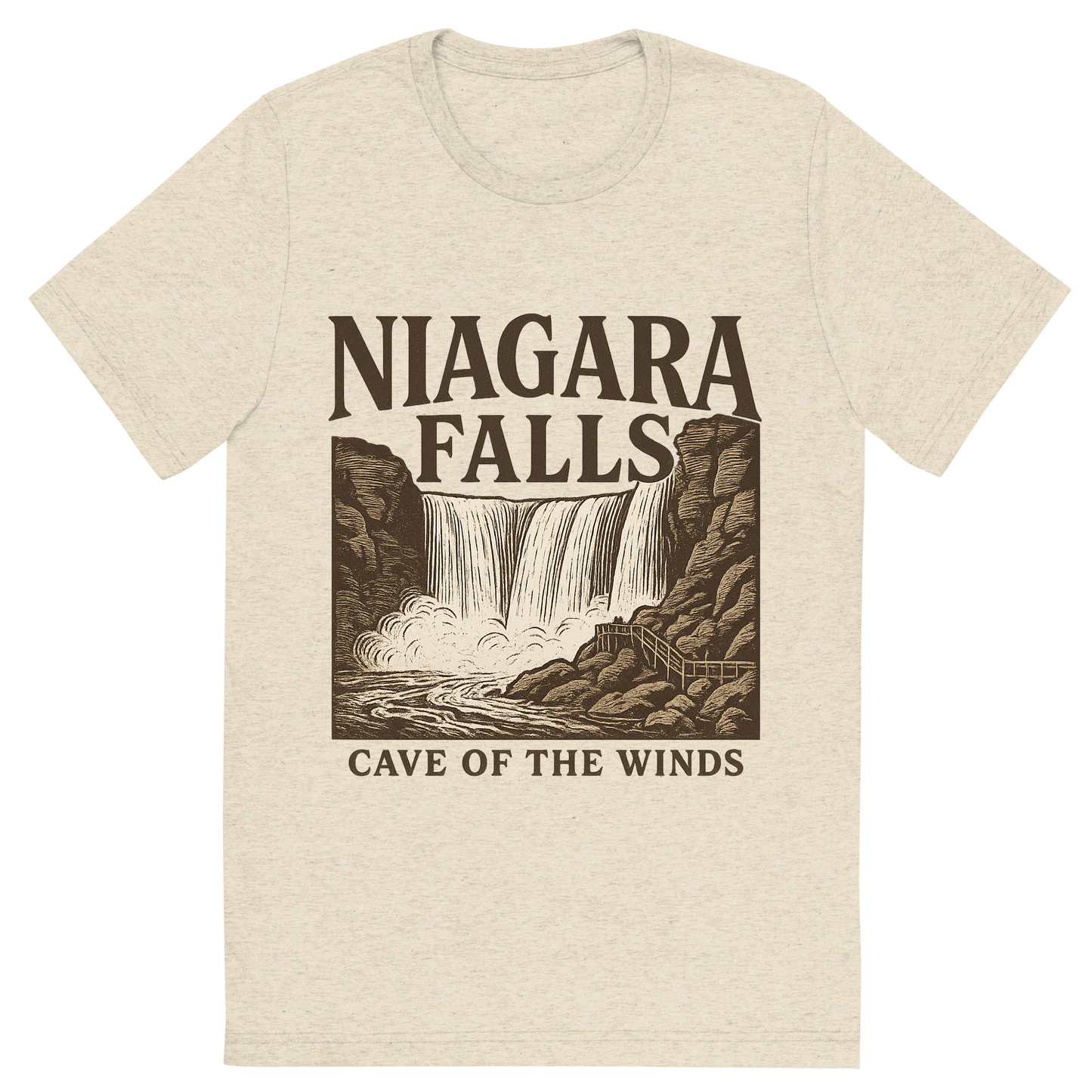 Front view of a Premium Tri-Blend Crew Neck T-Shirt in Oatmeal showing 'A typographic, nostalgic graphic of a typographic illustration of the words 'niagara falls' with a vintage line art drawing of the cave of the winds'