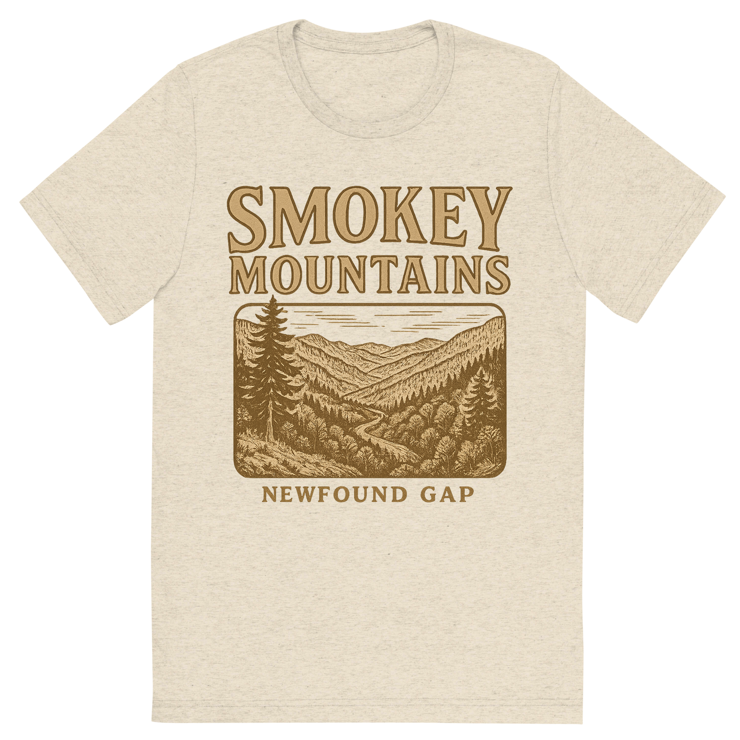 Front view of a Premium Tri-Blend Crew Neck T-Shirt in Oatmeal showing 'A typographic, nostalgic graphic of a typographic illustration of the words 'smokey mountains' with a vintage line art drawing of the newfound gap'