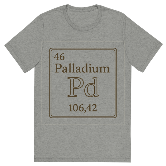 Front view of a Premium Tri-Blend Crew Neck T-Shirt in Athletic Grey showing 'A line art, nostalgic graphic of palladium's entry on the periodic table, use a dark color for the lines and text'