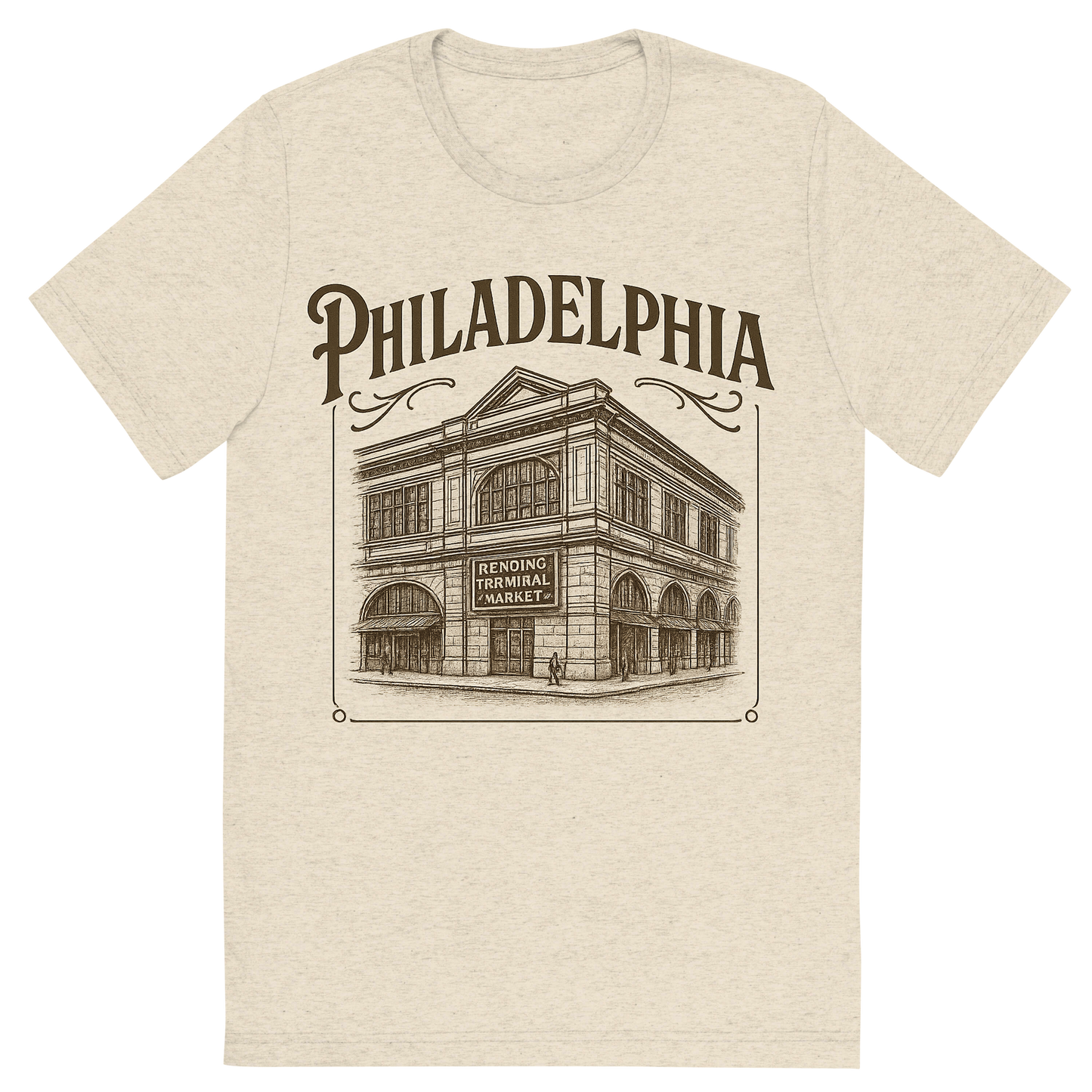 Front view of a Premium Tri-Blend Crew Neck T-Shirt in Oatmeal showing 'A typographic, nostalgic graphic of a typographic illustration of the words 'philadelphia' with a vintage line art drawing of the reading terminal market'