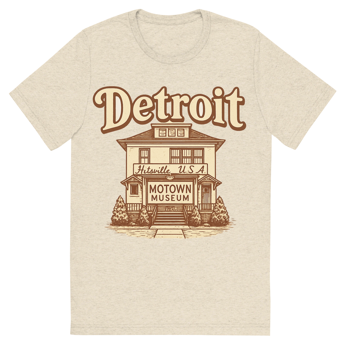 Front view of a Premium Tri-Blend Crew Neck T-Shirt in Oatmeal showing 'A typographic, nostalgic graphic of a typographic illustration of the words 'detroit' with a vintage line art drawing of the motown museum'