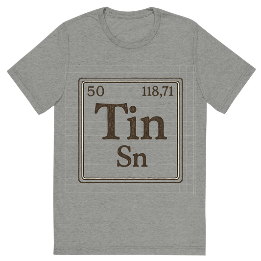 Front view of a Premium Tri-Blend Crew Neck T-Shirt in Athletic Grey showing 'A line art, nostalgic graphic of tin's entry on the periodic table, use a dark color for the lines and text'
