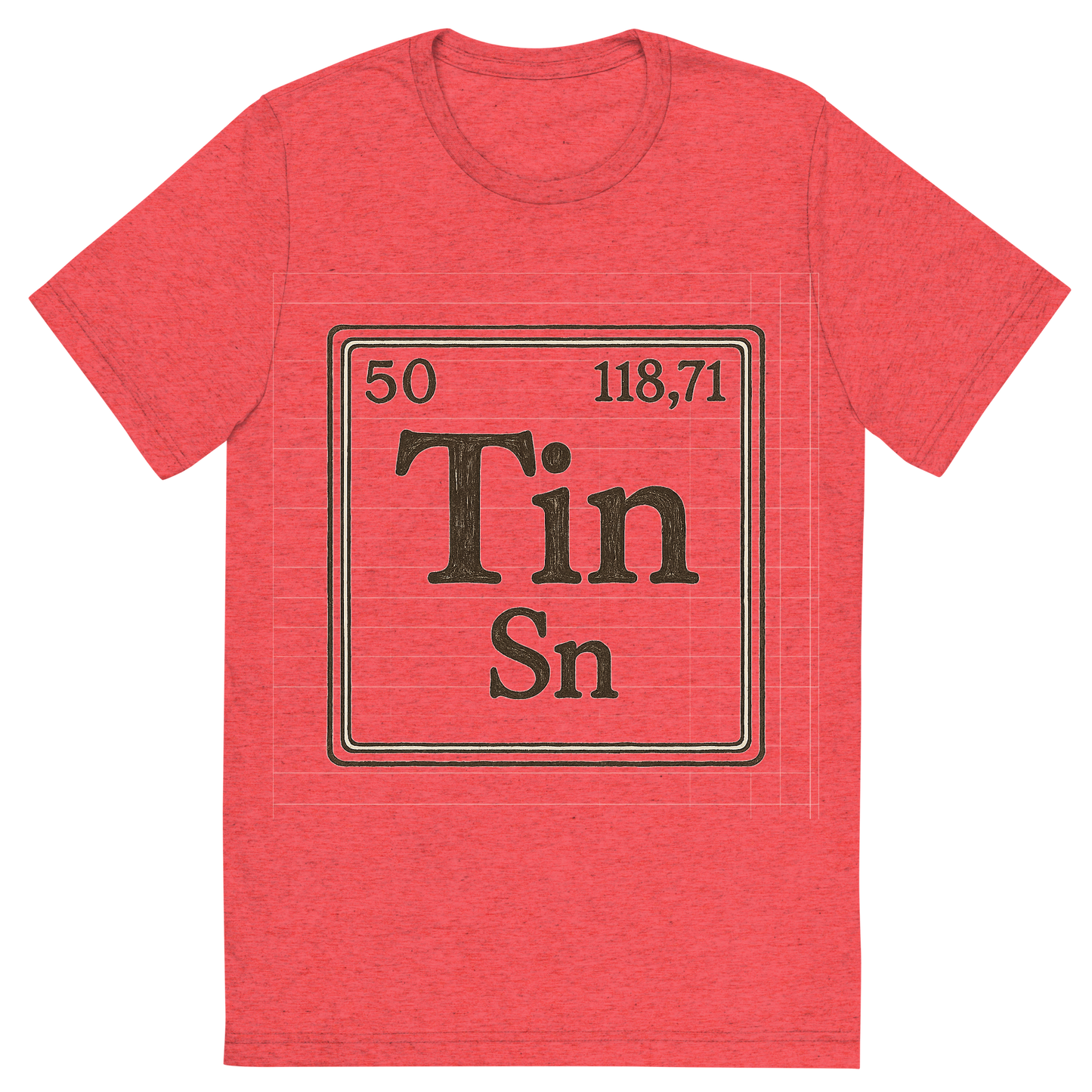 Front view of a Premium Tri-Blend Crew Neck T-Shirt in Red showing 'A line art, nostalgic graphic of tin's entry on the periodic table, use a dark color for the lines and text'