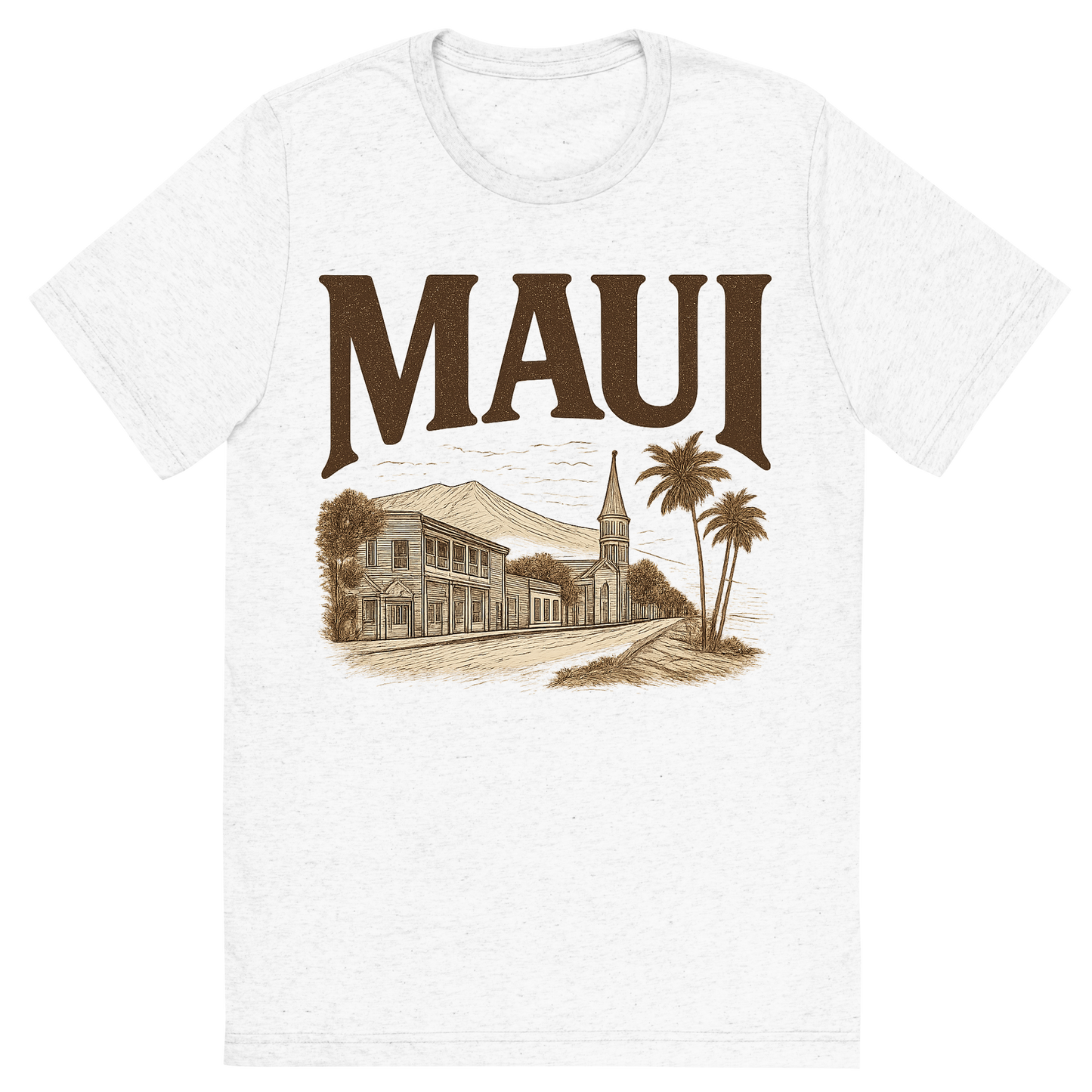 Front view of a Premium Tri-Blend Crew Neck T-Shirt in Solid White showing 'A typographic, nostalgic graphic of a typographic illustration of the words 'maui' with a vintage line art drawing of lahaina town'