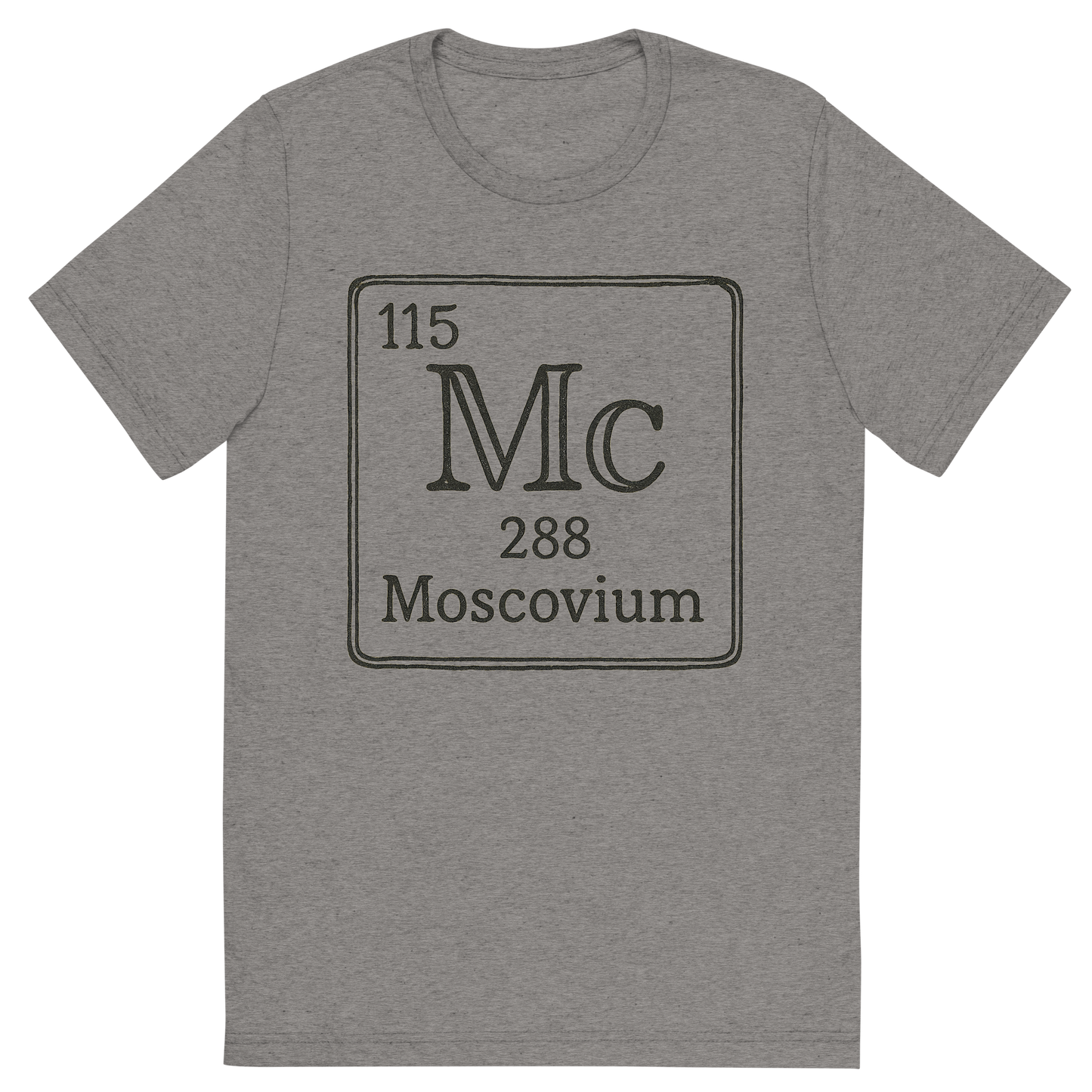 Front view of a Premium Tri-Blend Crew Neck T-Shirt in Grey showing 'A line art, nostalgic graphic of moscovium's entry on the periodic table, use a dark color for the lines and text'
