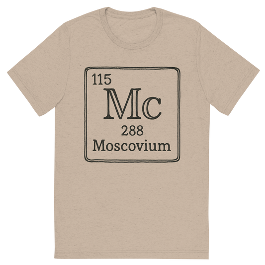 Front view of a Premium Tri-Blend Crew Neck T-Shirt in Tan showing 'A line art, nostalgic graphic of moscovium's entry on the periodic table, use a dark color for the lines and text'