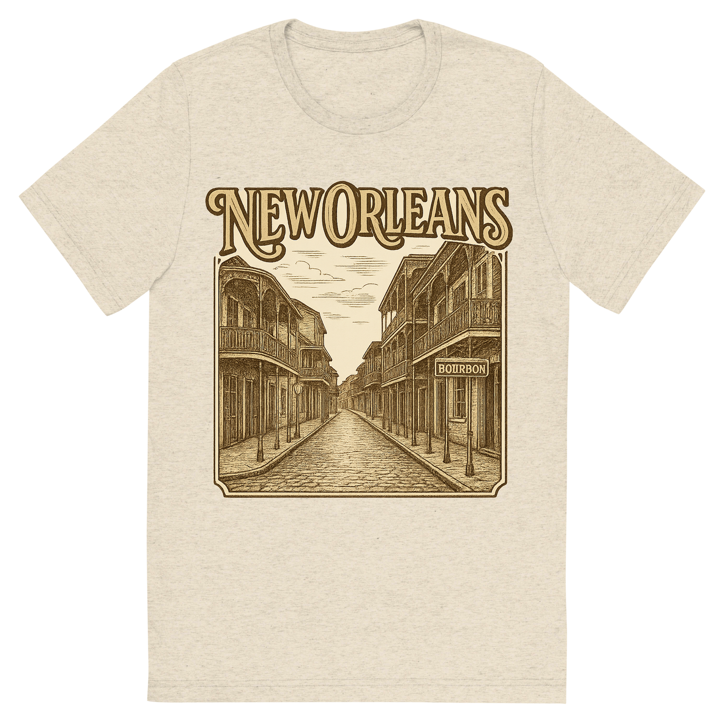 Front view of a Premium Tri-Blend Crew Neck T-Shirt in Oatmeal showing 'A typographic, nostalgic graphic of a typographic illustration of the words 'new orleans' with a vintage line art drawing of bourbon street'
