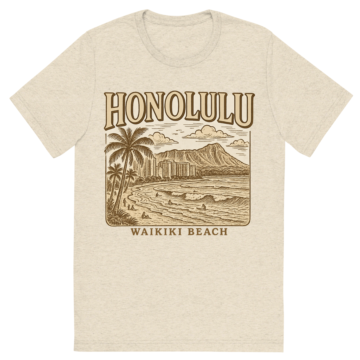 Front view of a Premium Tri-Blend Crew Neck T-Shirt in Oatmeal showing 'A typographic, nostalgic graphic of a typographic illustration of the words 'honolulu' with a vintage line art drawing of waikiki beach'