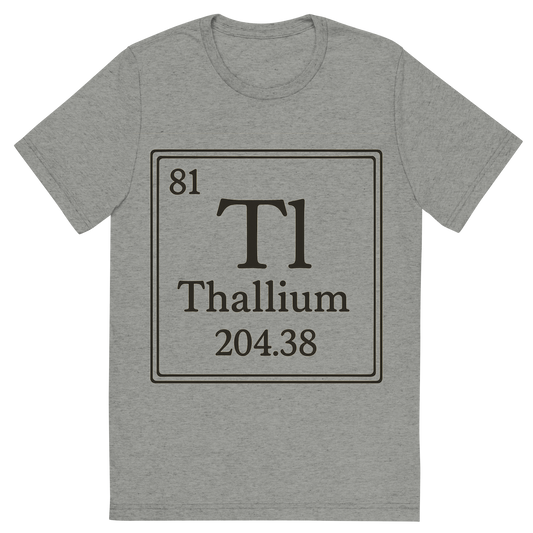 Front view of a Premium Tri-Blend Crew Neck T-Shirt in Athletic Grey showing 'A line art, nostalgic graphic of thallium's entry on the periodic table, use a dark color for the lines and text'