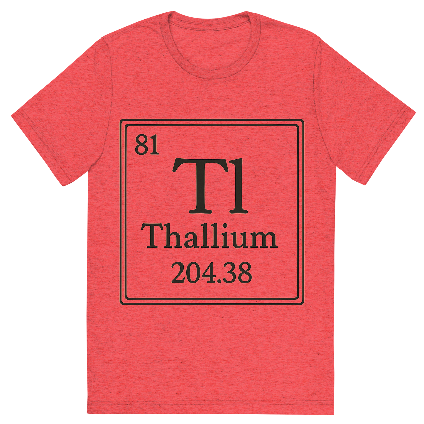 Front view of a Premium Tri-Blend Crew Neck T-Shirt in Red showing 'A line art, nostalgic graphic of thallium's entry on the periodic table, use a dark color for the lines and text'