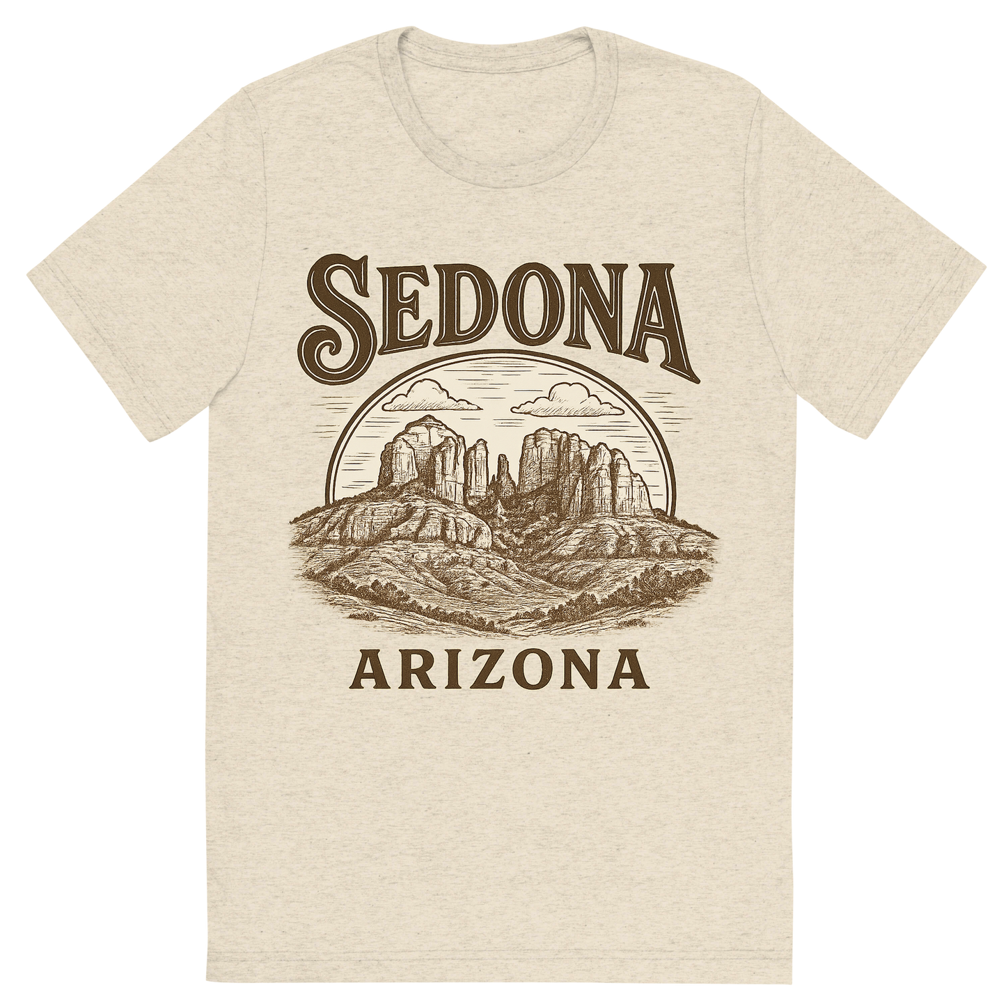 Front view of a Premium Tri-Blend Crew Neck T-Shirt in Oatmeal showing 'A typographic, nostalgic graphic of a typographic illustration of the words 'sedona, arizona' with a vintage line art drawing of the vortex energy sites'