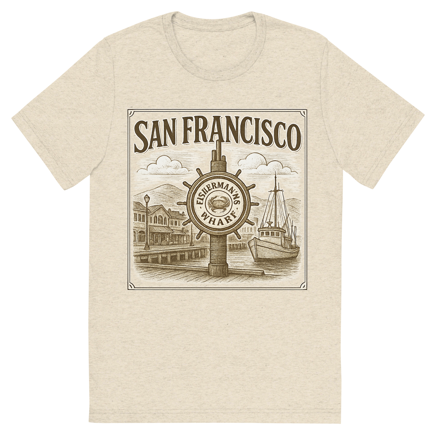 Front view of a Premium Tri-Blend Crew Neck T-Shirt in Oatmeal showing 'A typographic, nostalgic graphic of a typographic illustration of the words 'san francisco' with a vintage line art drawing of fisherman’s wharf'