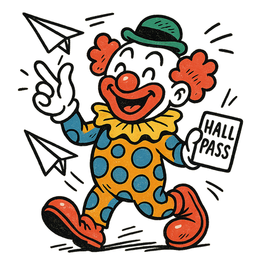 A hand-drawn ink with pop color, playful graphic of a cartoonish clown mascot holding a hall pass and throwing paper airplanes, with “class clown academy” written in playful lettering around the top. transparent background, centered layout, hand-drawn ink with bright accent colors. optimized for dtg printing. - a t-shirt design