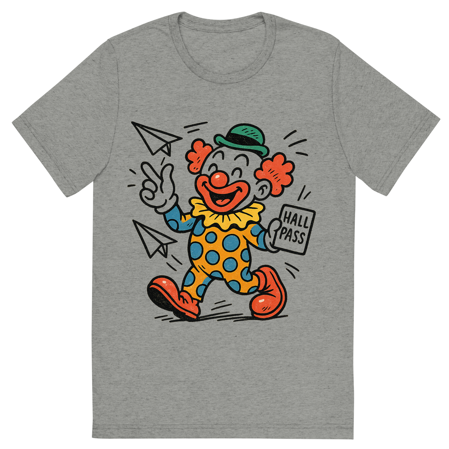 Front view of a Premium Tri-Blend Crew Neck T-Shirt in Athletic Grey showing 'A hand-drawn ink with pop color, playful graphic of a cartoonish clown mascot holding a hall pass and throwing paper airplanes, with “class clown academy” written in playful lettering around the top. transparent background, centered layout, hand-drawn ink with bright accent colors. optimized for dtg printing.'