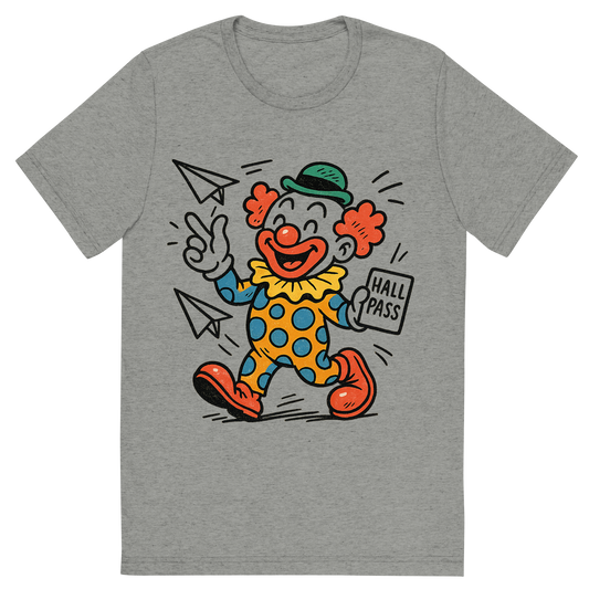 Front view of a Premium Tri-Blend Crew Neck T-Shirt in Athletic Grey showing 'A hand-drawn ink with pop color, playful graphic of a cartoonish clown mascot holding a hall pass and throwing paper airplanes, with “class clown academy” written in playful lettering around the top. transparent background, centered layout, hand-drawn ink with bright accent colors. optimized for dtg printing.'