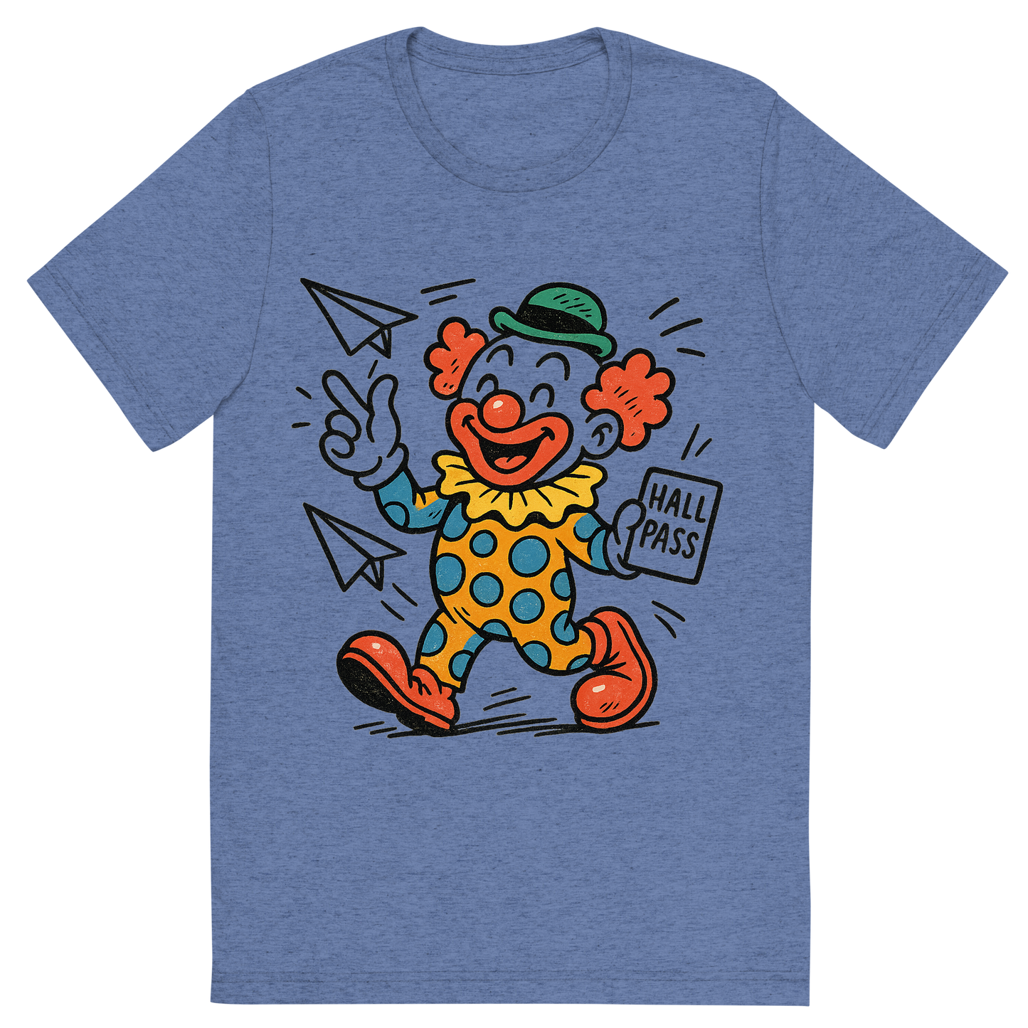 Front view of a Premium Tri-Blend Crew Neck T-Shirt in Blue showing 'A hand-drawn ink with pop color, playful graphic of a cartoonish clown mascot holding a hall pass and throwing paper airplanes, with “class clown academy” written in playful lettering around the top. transparent background, centered layout, hand-drawn ink with bright accent colors. optimized for dtg printing.'