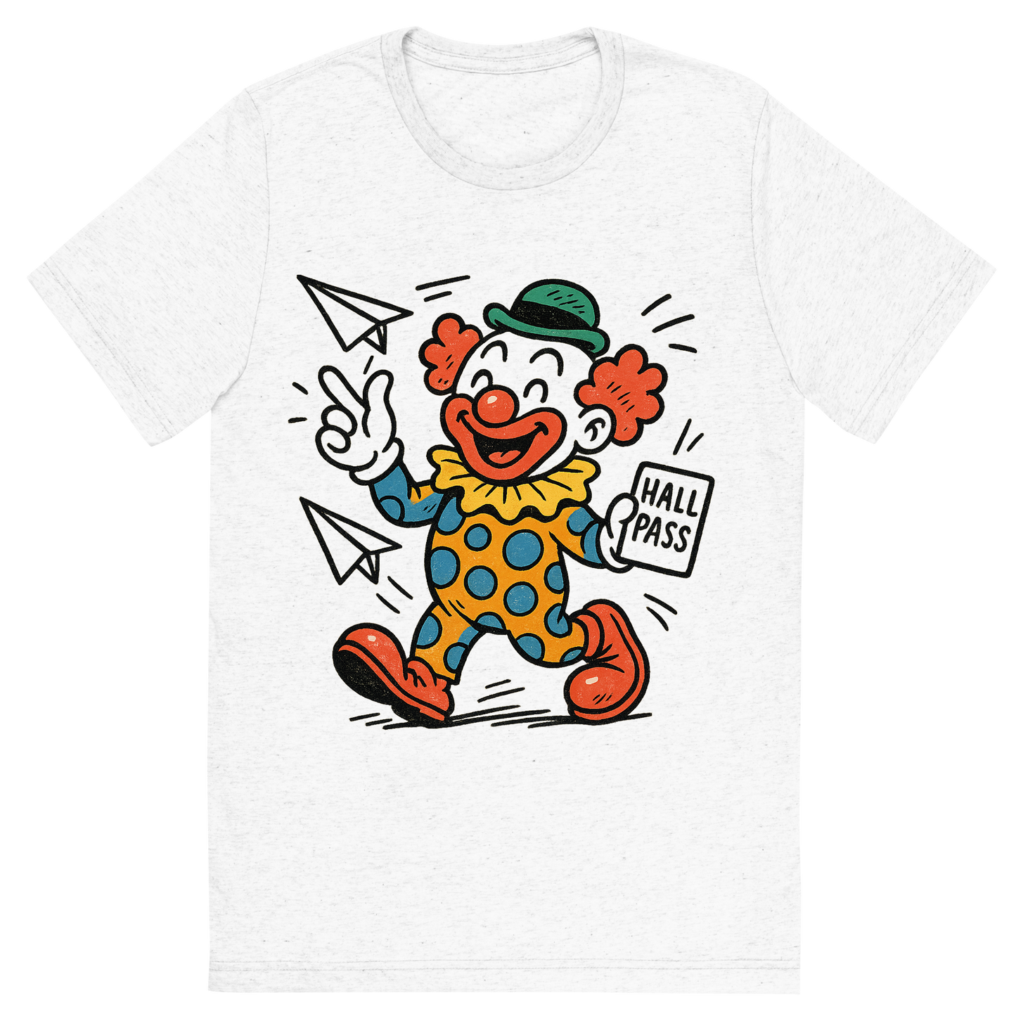 Front view of a Premium Tri-Blend Crew Neck T-Shirt in Solid White showing 'A hand-drawn ink with pop color, playful graphic of a cartoonish clown mascot holding a hall pass and throwing paper airplanes, with “class clown academy” written in playful lettering around the top. transparent background, centered layout, hand-drawn ink with bright accent colors. optimized for dtg printing.'