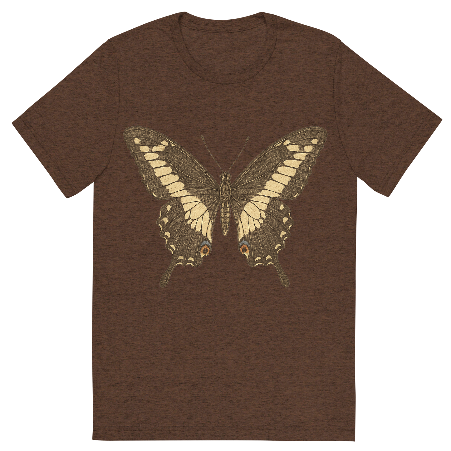 Front view of a Premium Tri-Blend Crew Neck T-Shirt in Brown showing 'A hand-drawn, tranquil graphic of giant swallowtail butterfly'