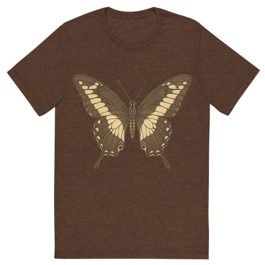Front view of a Premium Tri-Blend Crew Neck T-Shirt in Brown showing 'A hand-drawn, tranquil graphic of giant swallowtail butterfly'