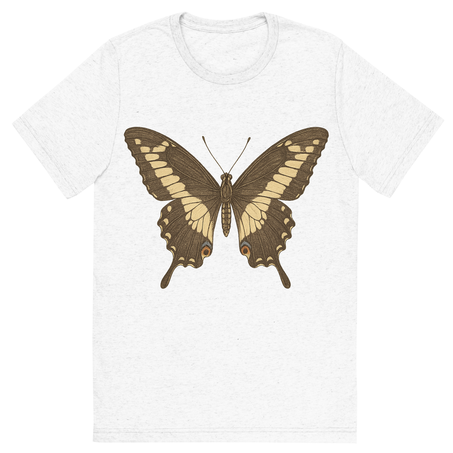 Front view of a Premium Tri-Blend Crew Neck T-Shirt in Solid White showing 'A hand-drawn, tranquil graphic of giant swallowtail butterfly'