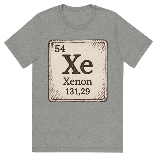 Front view of a Premium Tri-Blend Crew Neck T-Shirt in Athletic Grey showing 'A line art, nostalgic graphic of xenon's entry on the periodic table, use a dark color for the lines and text'