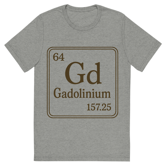 Front view of a Premium Tri-Blend Crew Neck T-Shirt in Athletic Grey showing 'A line art, nostalgic graphic of gadolinium's entry on the periodic table, use a dark color for the lines and text'