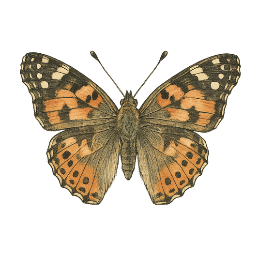 A hand-drawn, tranquil graphic of painted lady butterfly – a t-shirt design