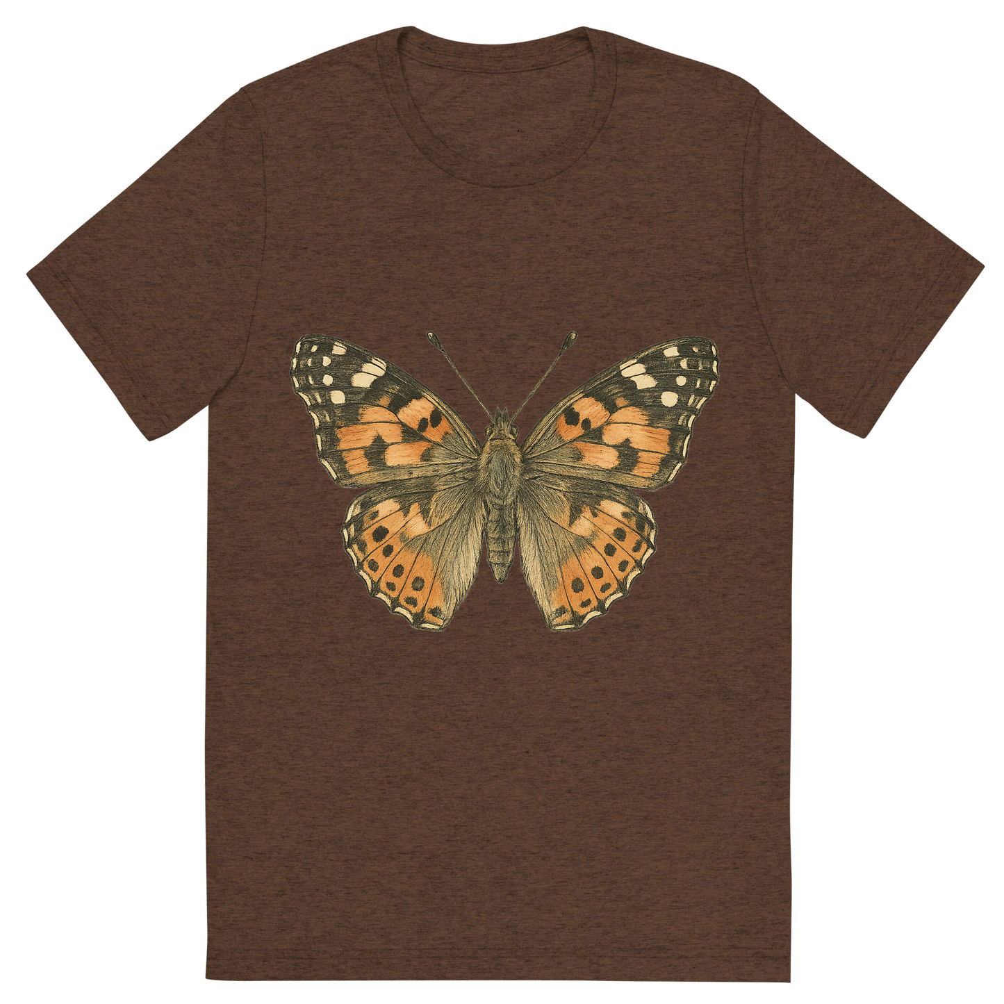 Front view of a Premium Tri-Blend Crew Neck T-Shirt in Brown showing 'A hand-drawn, tranquil graphic of painted lady butterfly'